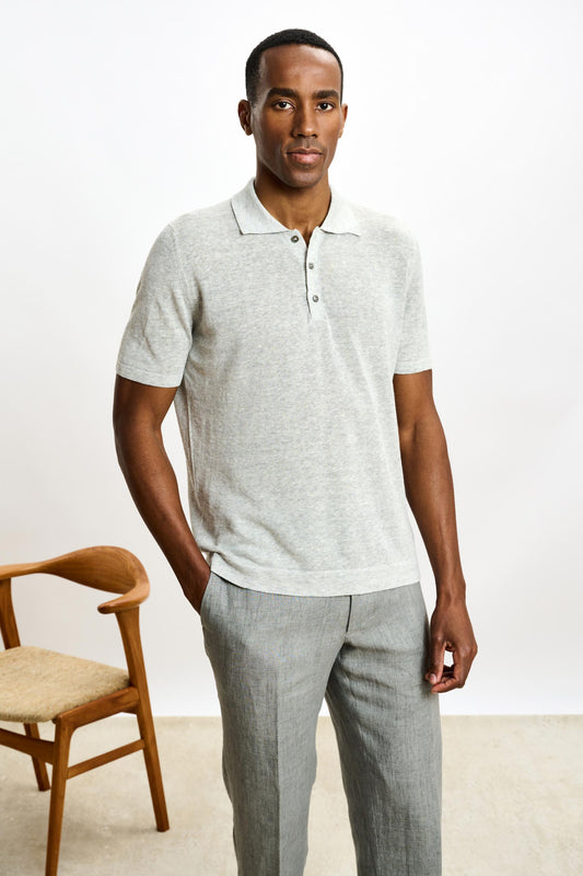 Linen Cotton Kelso Knitwear Polo Navy Grey - View 2