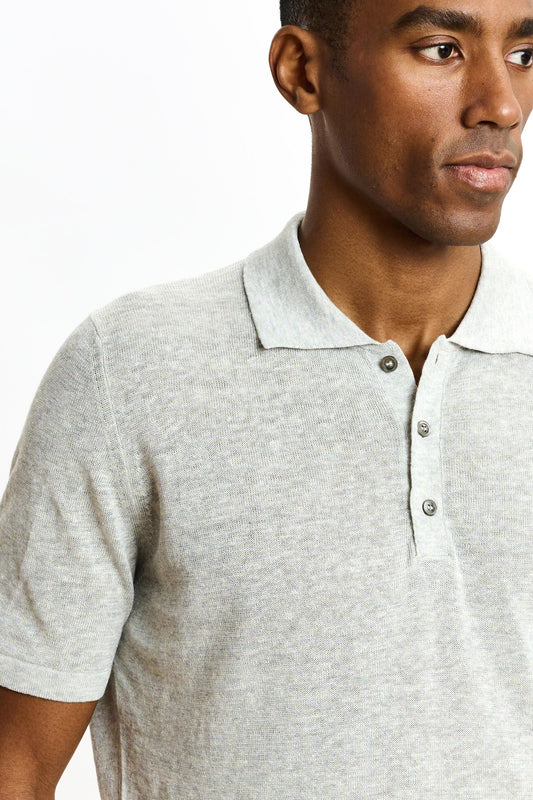 Linen Cotton Kelso Knitwear Polo Navy Grey - View 3