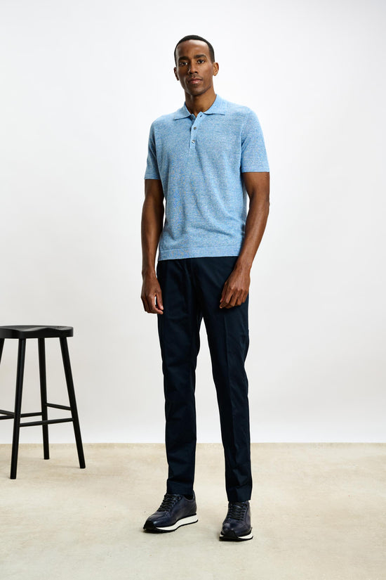 Linen Cotton Kelso Knitwear Polo Cerulean Melange - View 1