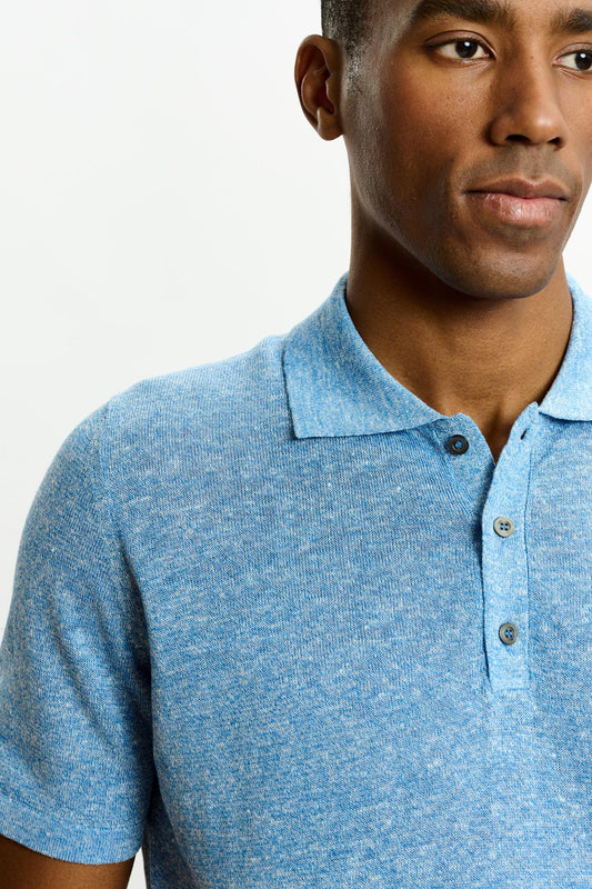 Linen Cotton Kelso Knitwear Polo Cerulean Melange - View 2