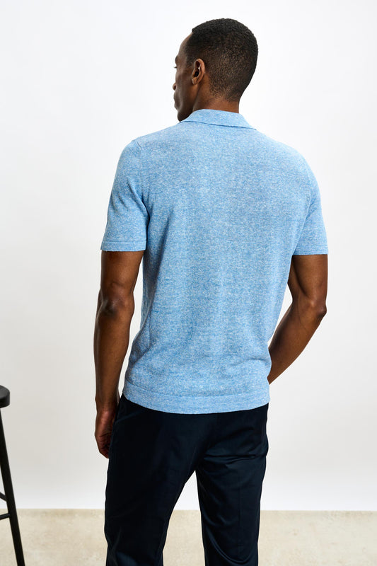 Linen Cotton Kelso Knitwear Polo Cerulean Melange - View 3