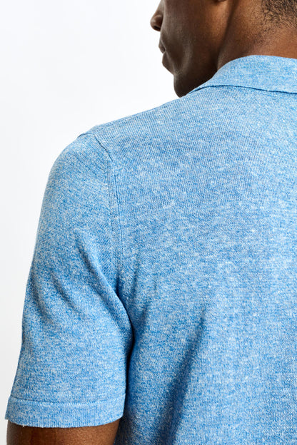 Linen Cotton Kelso Knitwear Polo Cerulean Melange - View 4