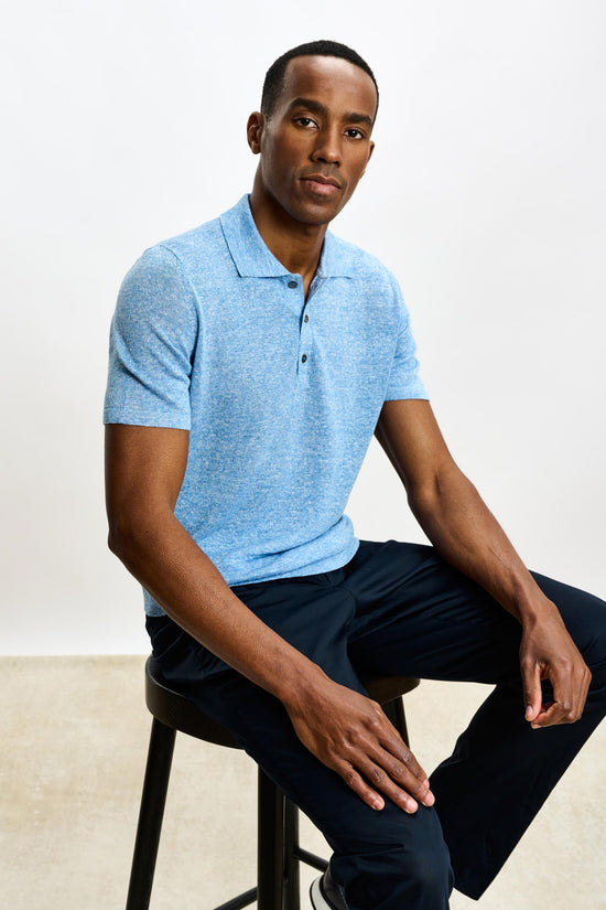 Linen Cotton Kelso Knitwear Polo Cerulean Melange - View 5