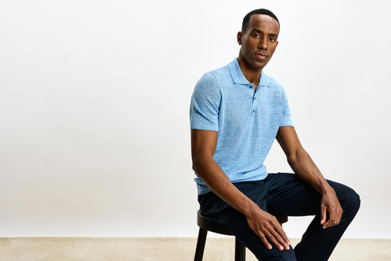 Linen Cotton Kelso Knitwear Polo Cerulean Melange - View 6