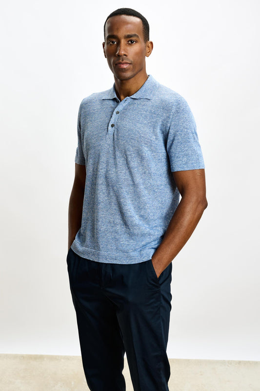 Linen Cotton Kelso Knitwear Polo Blue - View 2