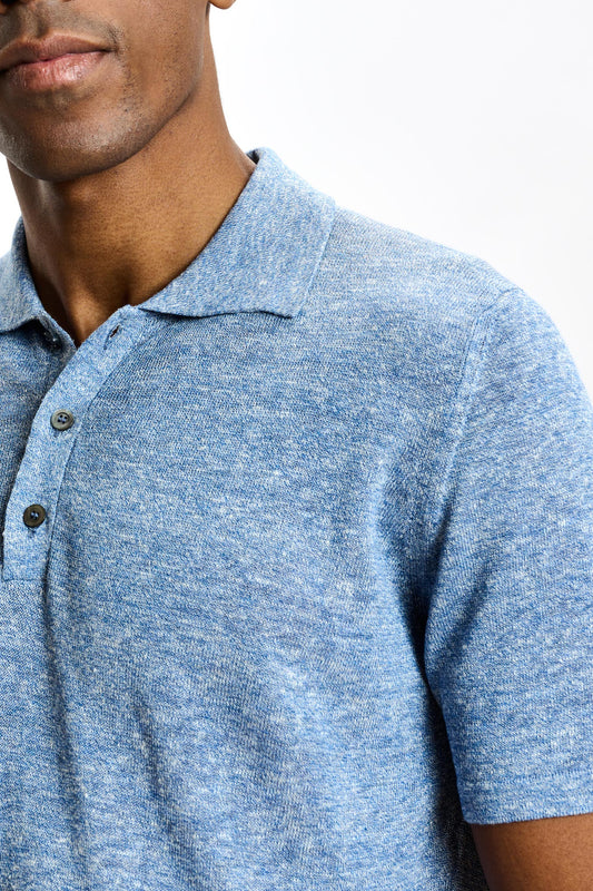 Linen Cotton Kelso Knitwear Polo Blue - View 3