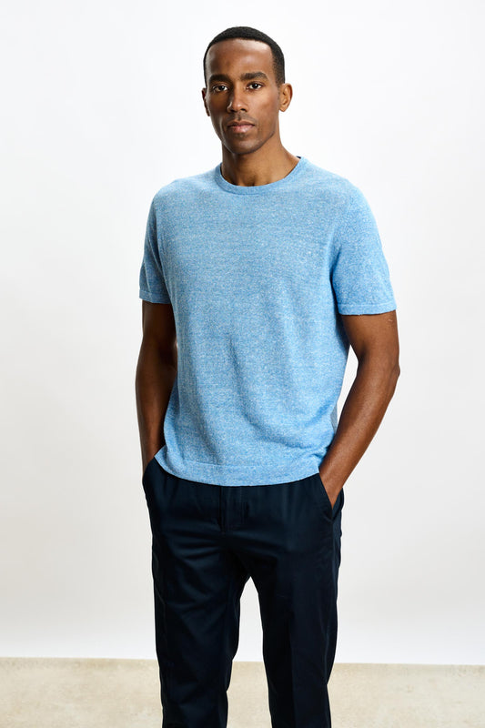 Sefton Linen Cotton Knitwear Polo Cerulean - View 2