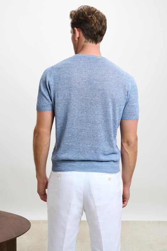 Sefton Linen Cotton Knitwear Crew Steel Blue - View 3