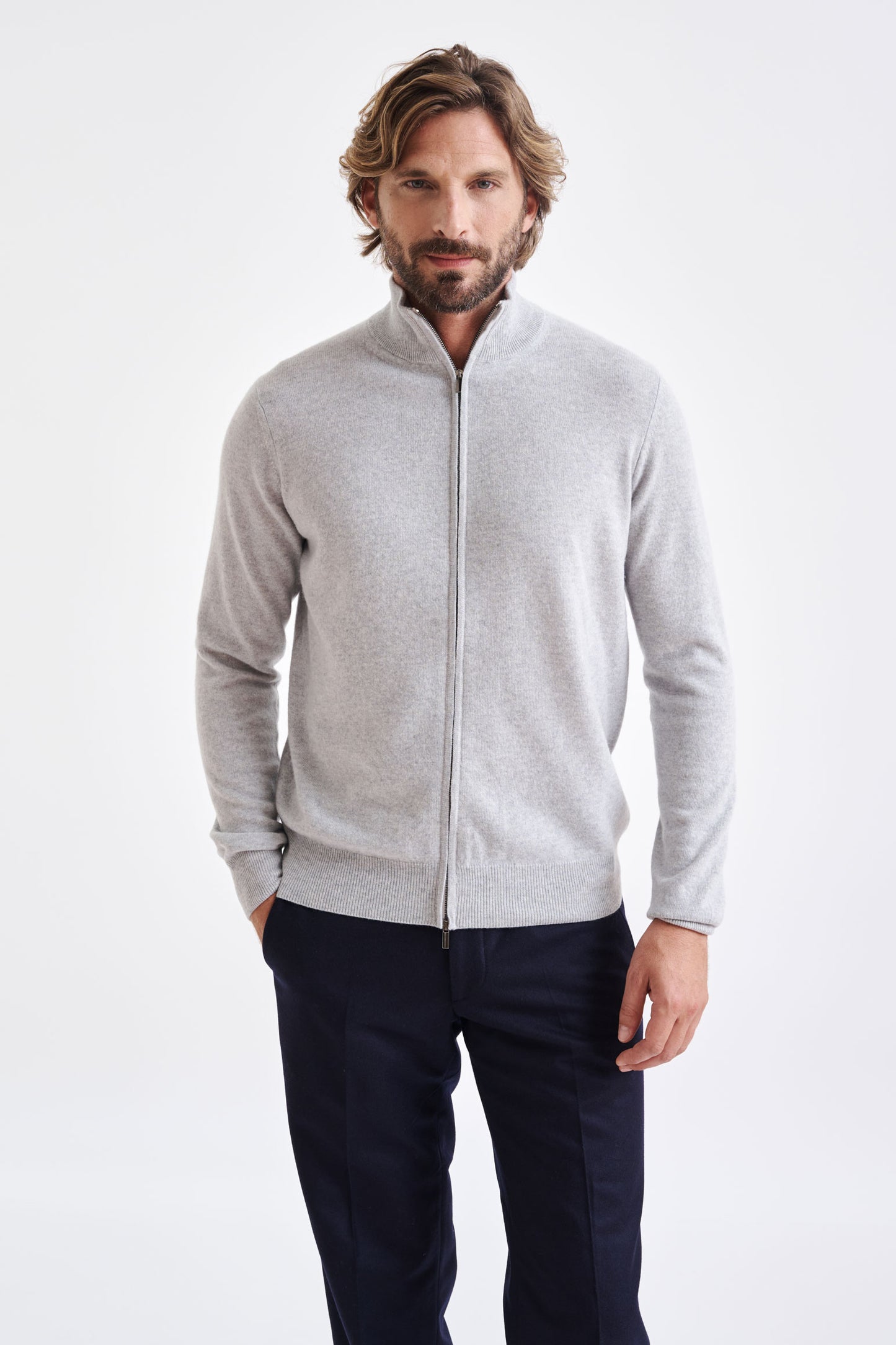 Light Grey Melange Wool & Cashmere Thurso Full Zip Sweater - View 1