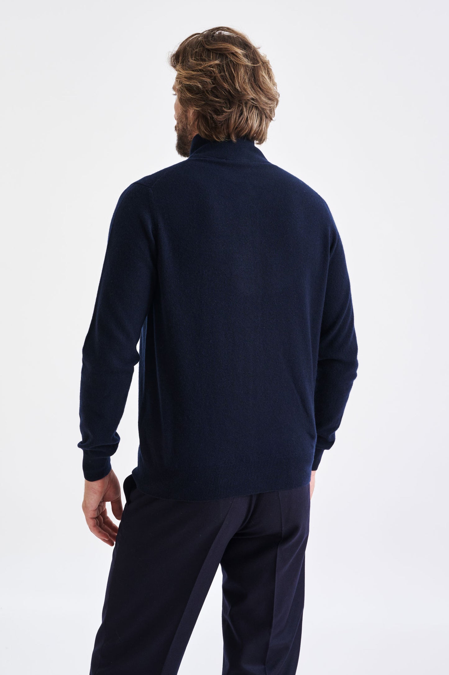 Marineblauwe Thurso-sweater met volledige ritssluiting van wol en kasjmier