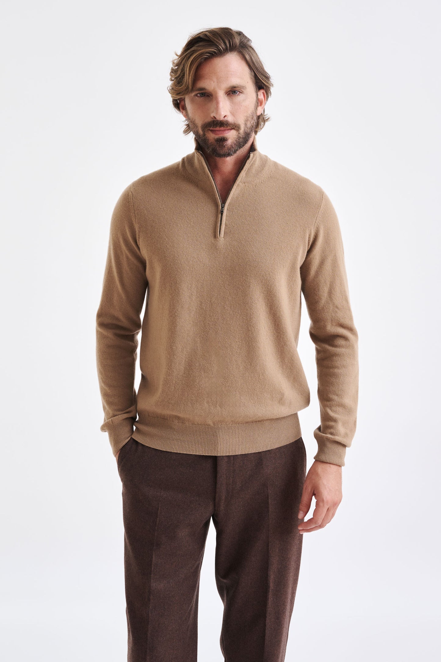 Jersey Plockton De Lana Y Cashmere Camel Con Cremallera Y Cuello Alto