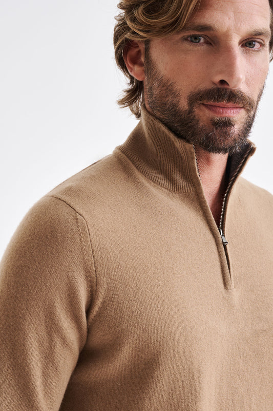 Camel Wool  & Cashmere Plockton Zipped  Mock Neck Sweater - View 2