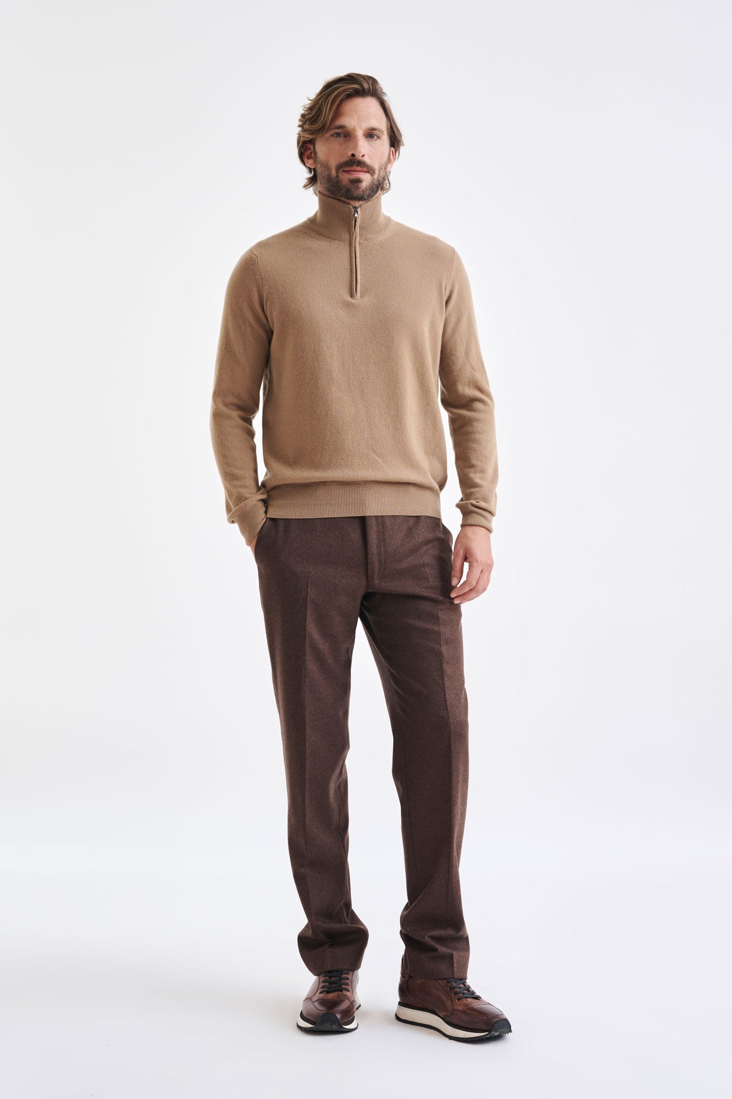 Camel Wool  & Cashmere Plockton Zipped  Mock Neck Sweater