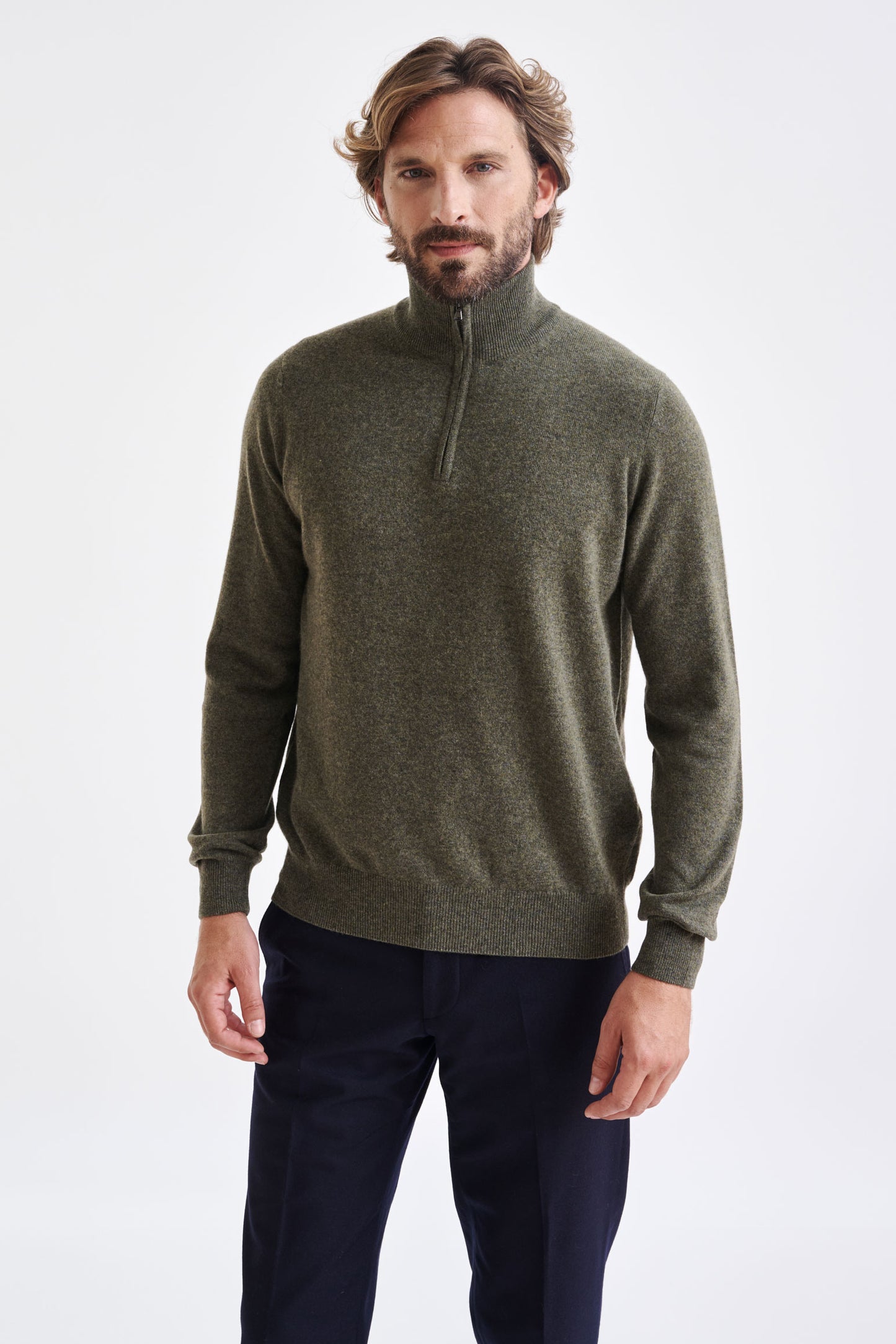 Moss Wool & Cashmere Plockton Zipped Mock Neck Sweater - View 1