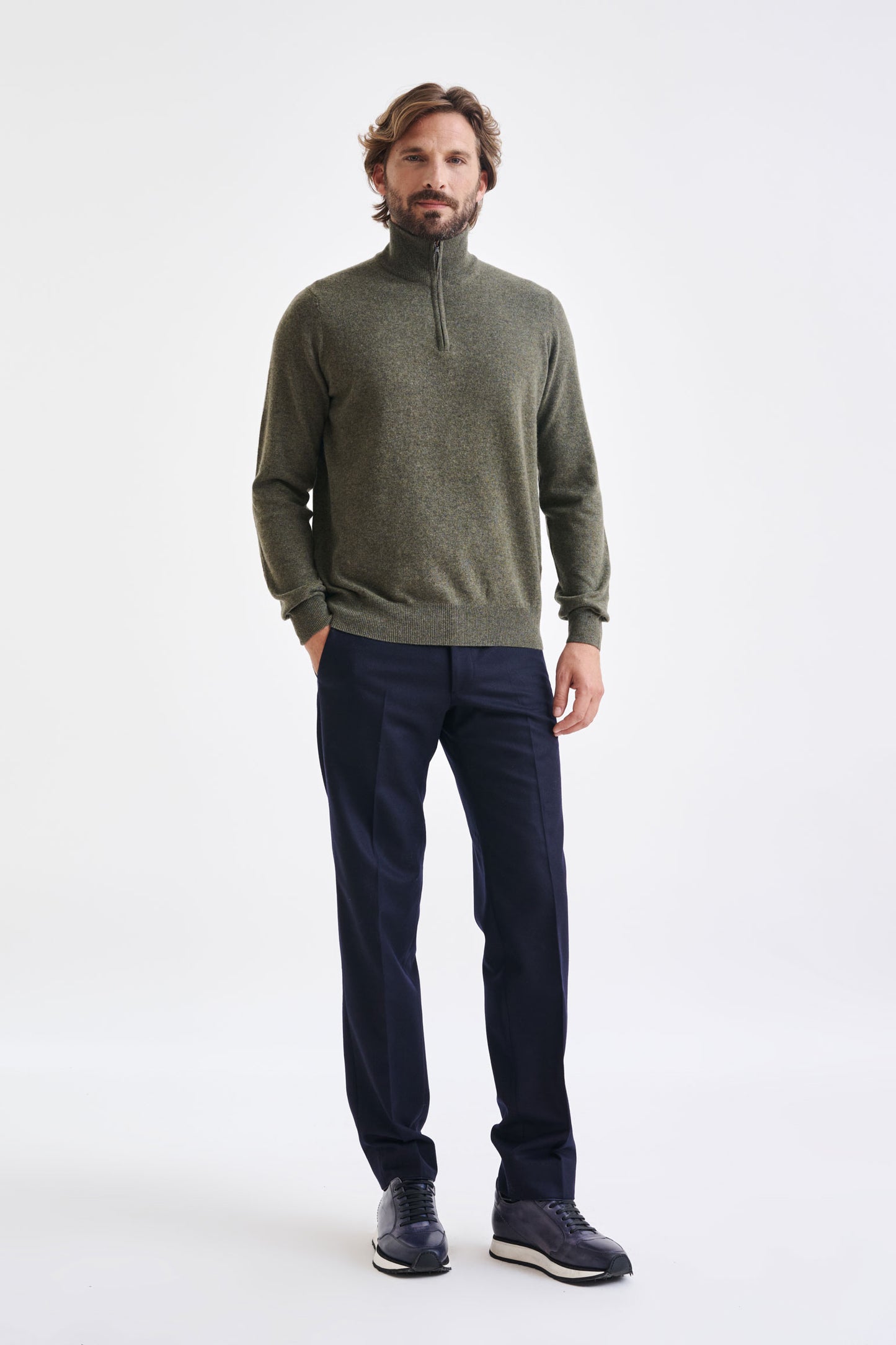 Moss Wool & Cashmere Plockton Zipped Mock Neck Sweater - View 3