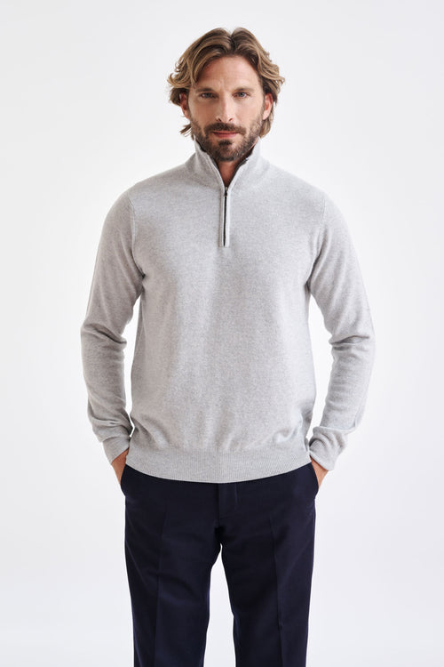 Light Grey Melange  Wool & Cashmere Plockton Zipped Mock Neck Sweater - View 1