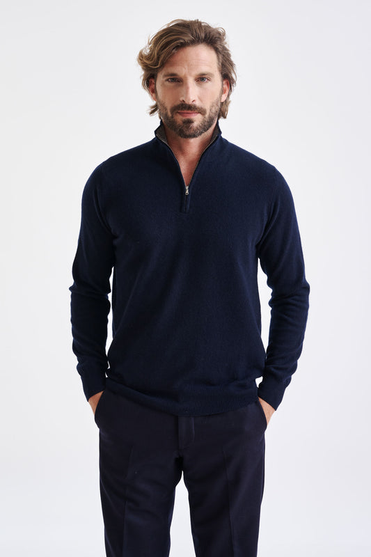 Navy Wool and Cashmere Plockton Zipped Mock Neck Sweater - View 1