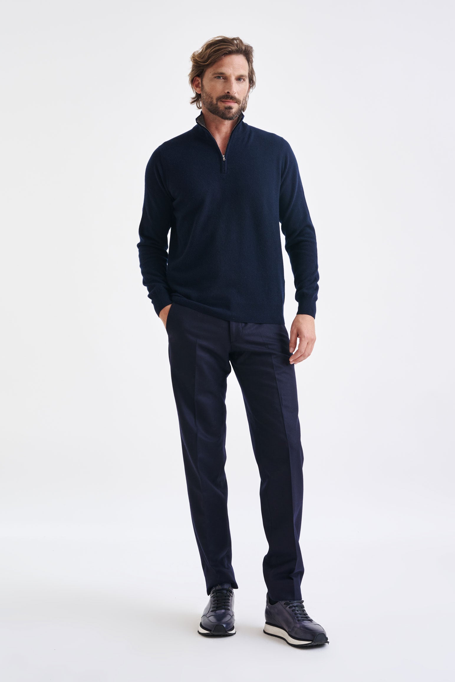 Navy Wool and Cashmere Plockton Zipped Mock Neck Sweater - View 3