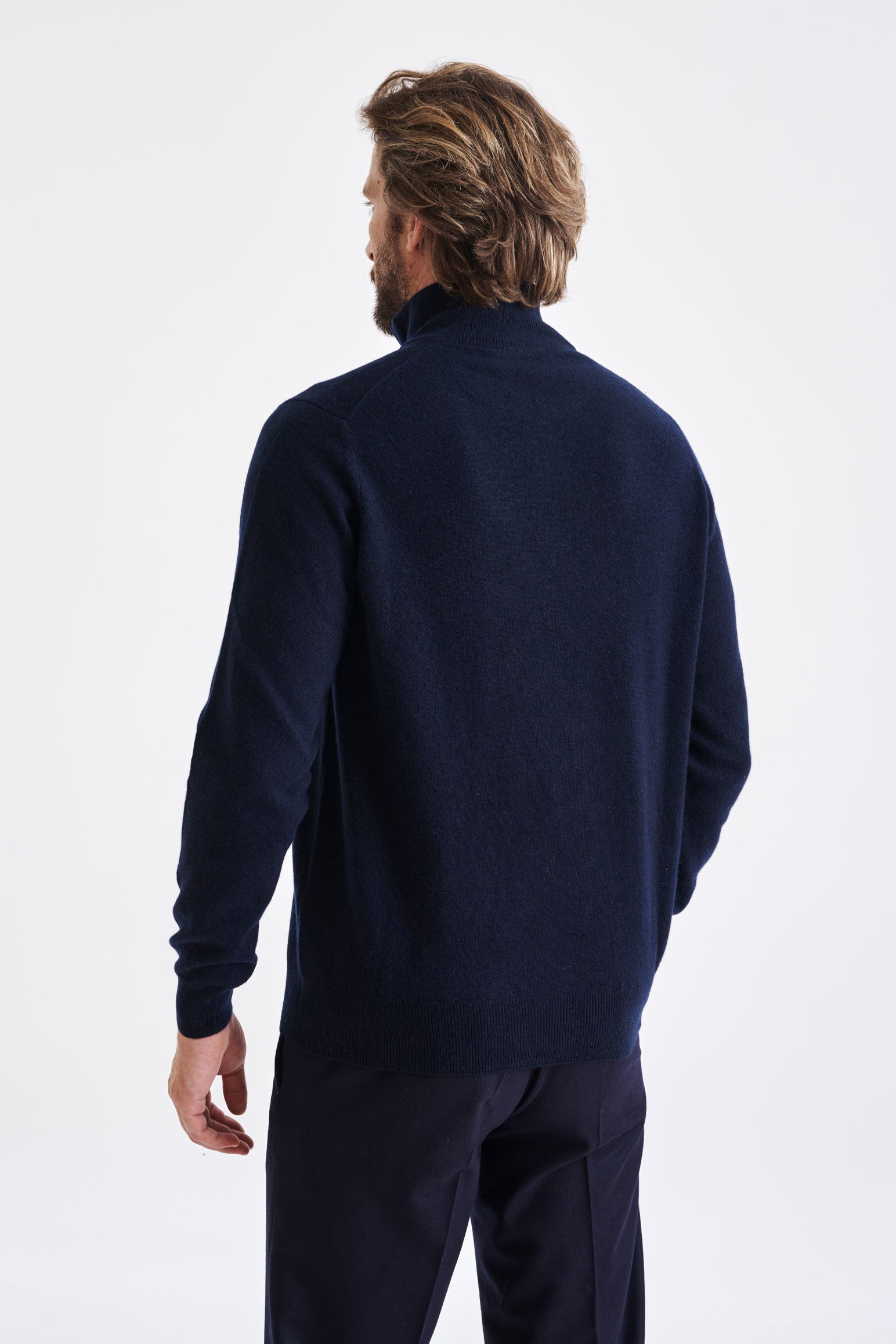 Navy Wool and Cashmere Plockton Zipped Mock Neck Sweater - View 4