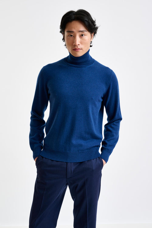 Petrol Blue 100% Cashmere Drumberg Rollneck Knit - View 2