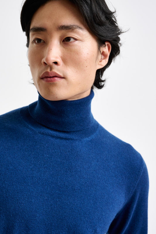 Petrol Blue 100% Cashmere Drumberg Rollneck Knit - View 3