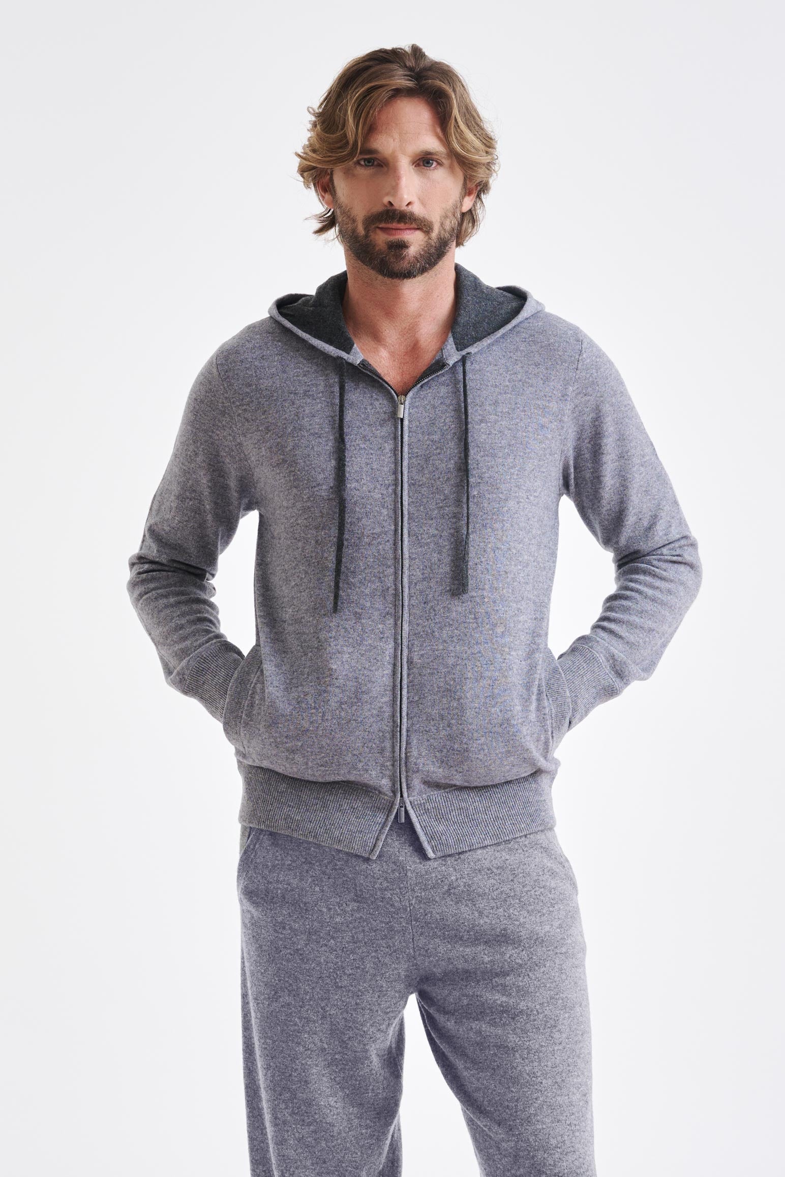 Grey Melange 100% Cashmere Fowey Hoodie Knit - View 1