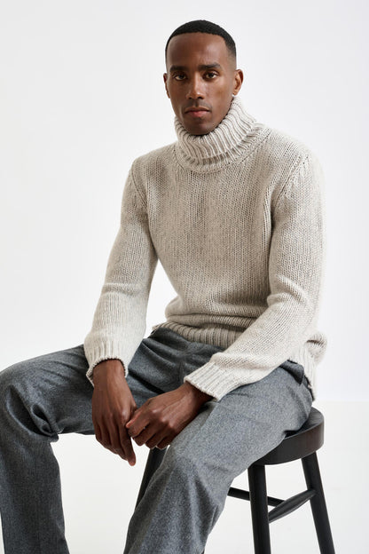 Beige Melange Chunky Wool & Cashmere Mouline Banbury Rollneck Sweater - View 5