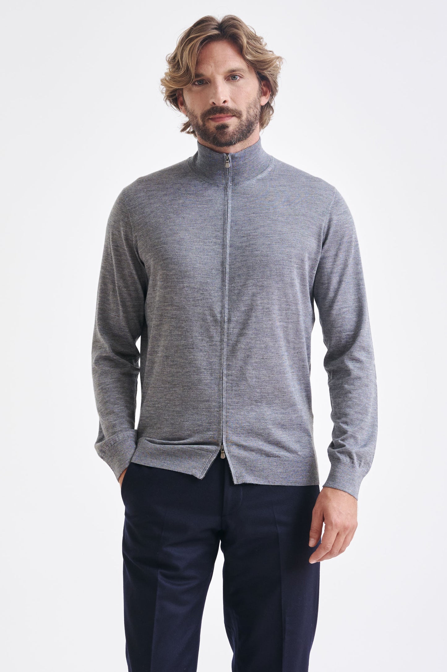 Mid Grey Melange Cashmere & Silk Repton Fullzip Sweater - View 1