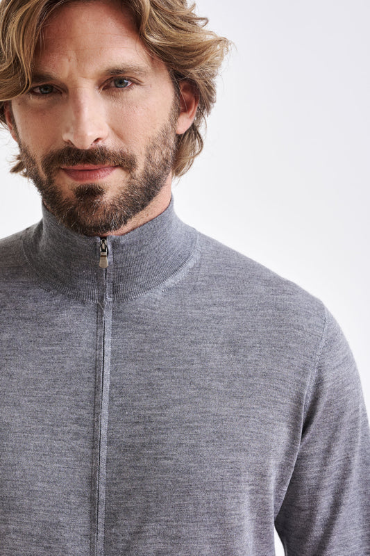 Mid Grey Melange Cashmere & Silk Repton Fullzip Sweater - View 2