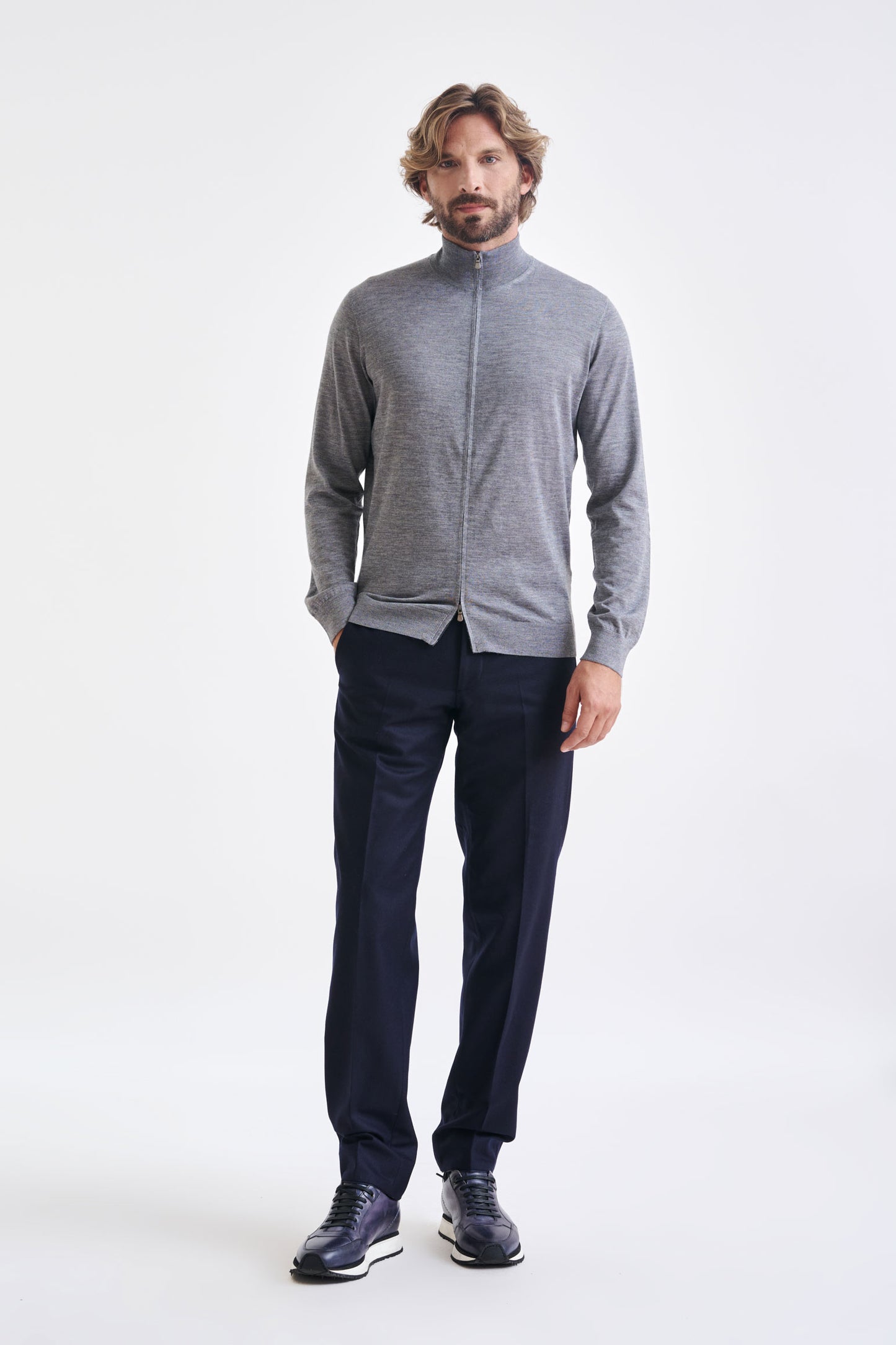 Mid Grey Melange Cashmere & Silk Repton Fullzip Sweater - View 3