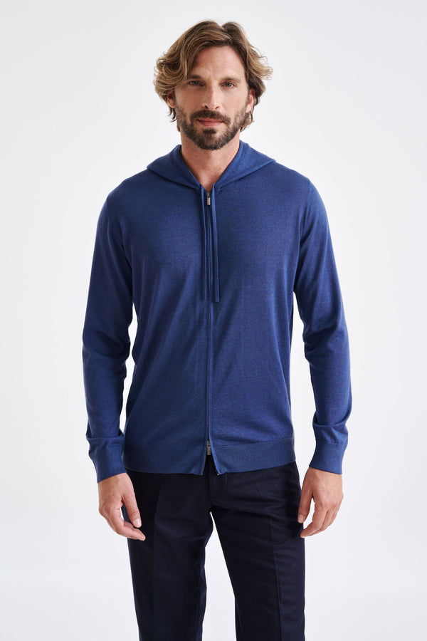 Sweat À Capuche Zippé Goole En Cachemire Et Soie Mérinos Mélangés Bleu Métal