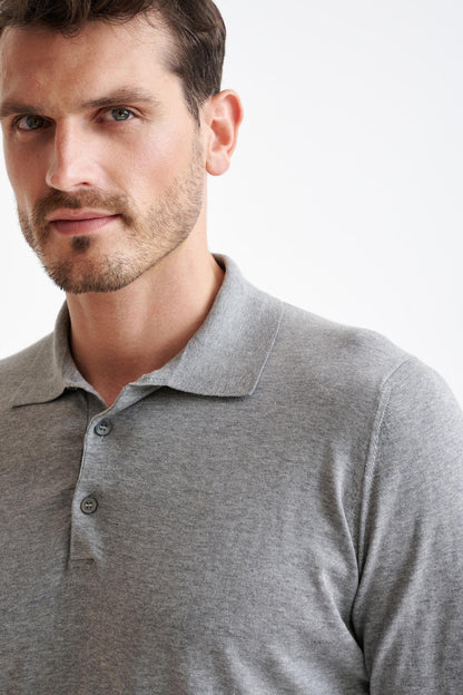 Smoke Grey Cotton Harwich Long Sleeve Knitted Polo - View Three