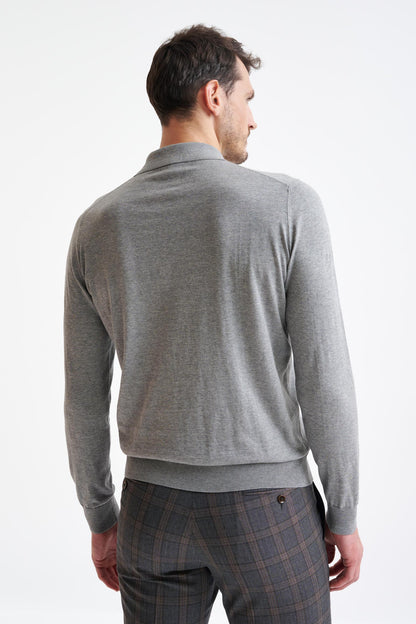Smoke Grey Cotton Harwich Long Sleeve Knitted Polo - View Four