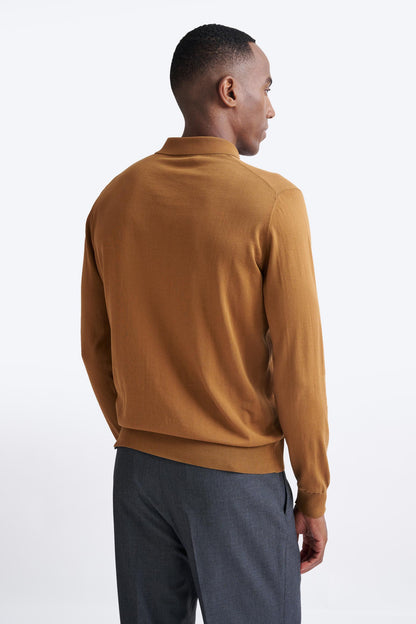 Brown Cotton Harwich Long Sleeve Knitted Polo - View Four