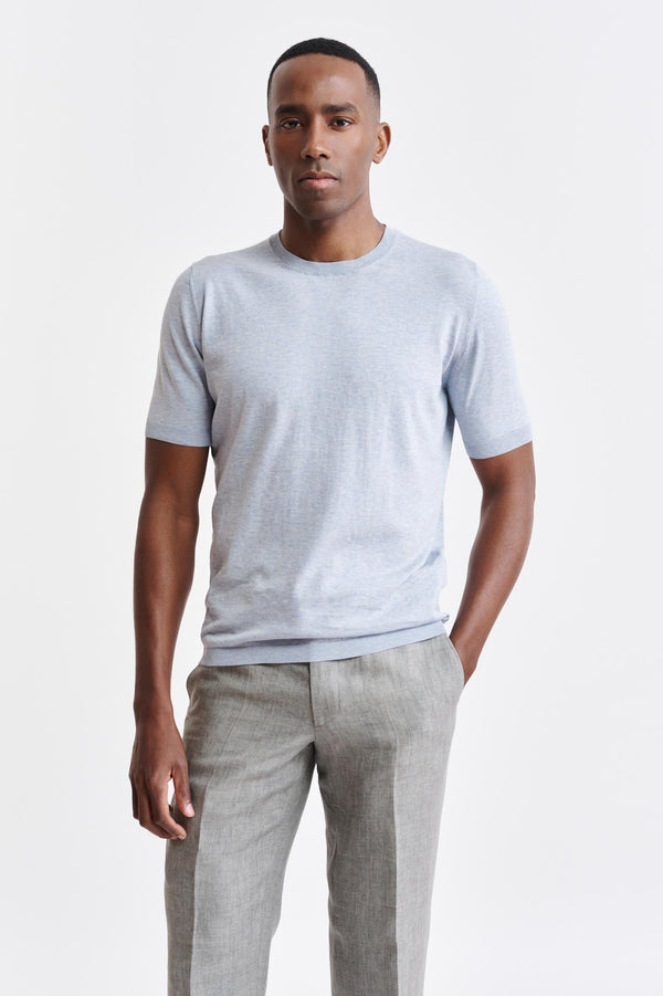 Hellblaues Penryn-Strick-T-Shirt aus melierter Baumwolle