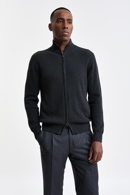 Grey Melange Cotton Exford FullZip Knitted Sweater Image 1