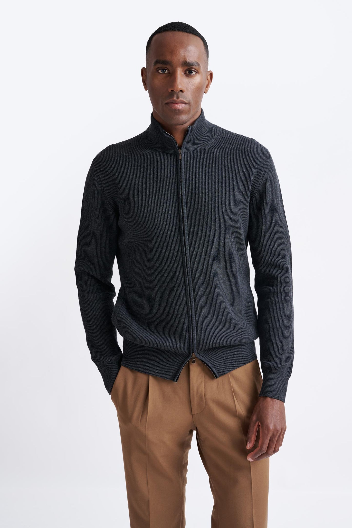 Grey Melange Cotton Exford FullZip Knitted Sweater