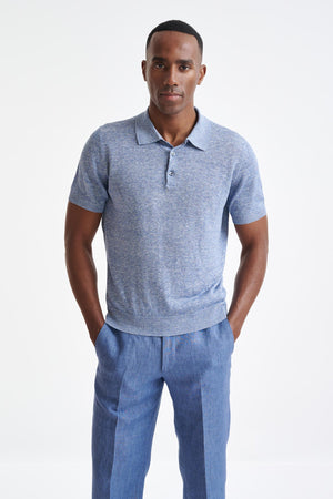 Steel Blue Linen Cotton Rye Polo Shirt - View One