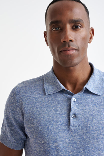 Steel Blue Linen Cotton Rye Polo Shirt - View Three