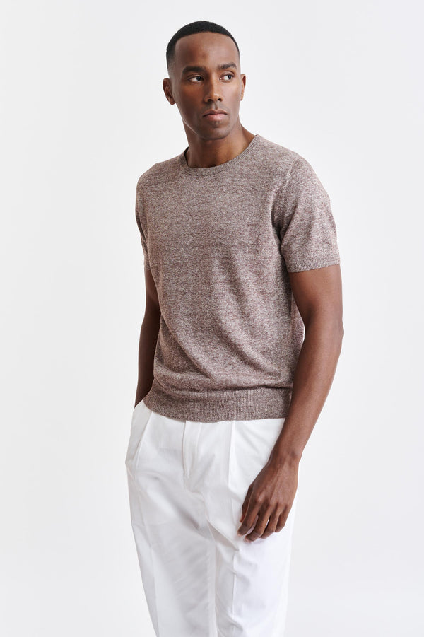 Mid Brown Melange Linen & Cotton Crewneck Sefton Knitwear