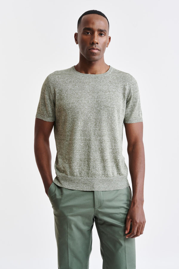 Military Green Melange Linen & Cotton Crewneck Sefton Knitwear