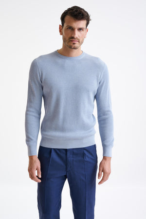 Light Blue Melange 100% Cotton Rib Harrow Knitted Sweater - View One