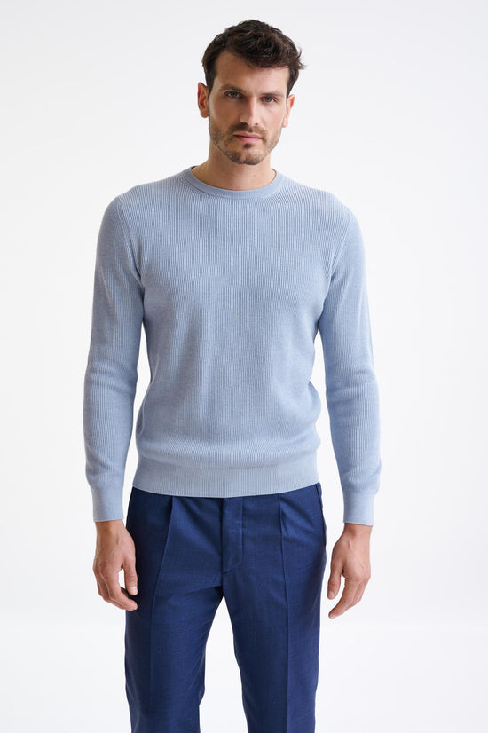 Light Blue Melange 100% Cotton Rib Harrow Knitted Sweater - View One