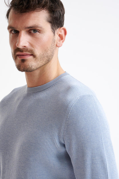 Light Blue Melange 100% Cotton Rib Harrow Knitted Sweater - View Two