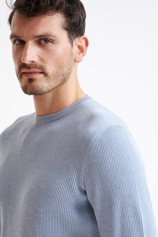 Light Blue Melange 100% Cotton Rib Harrow Knitted Sweater - View Two