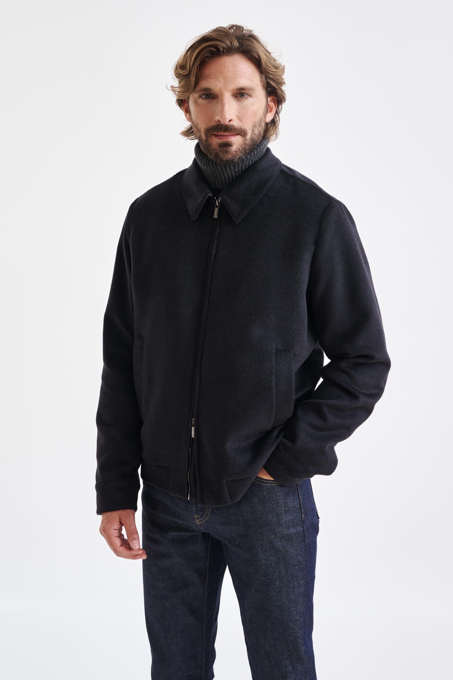 Dark Grey Wool Warwick Zeus Bomber Jacket - View 2