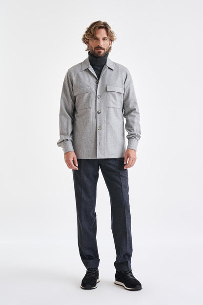 Grey Super 100's Wool Shirt Jacket Flannel Saxony - View 1