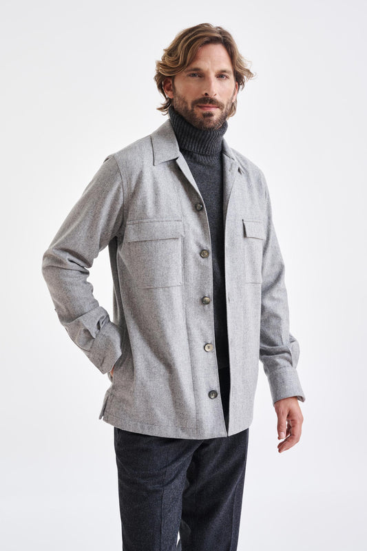 Grey Super 100's Wool Shirt Jacket Flannel Saxony - View 3