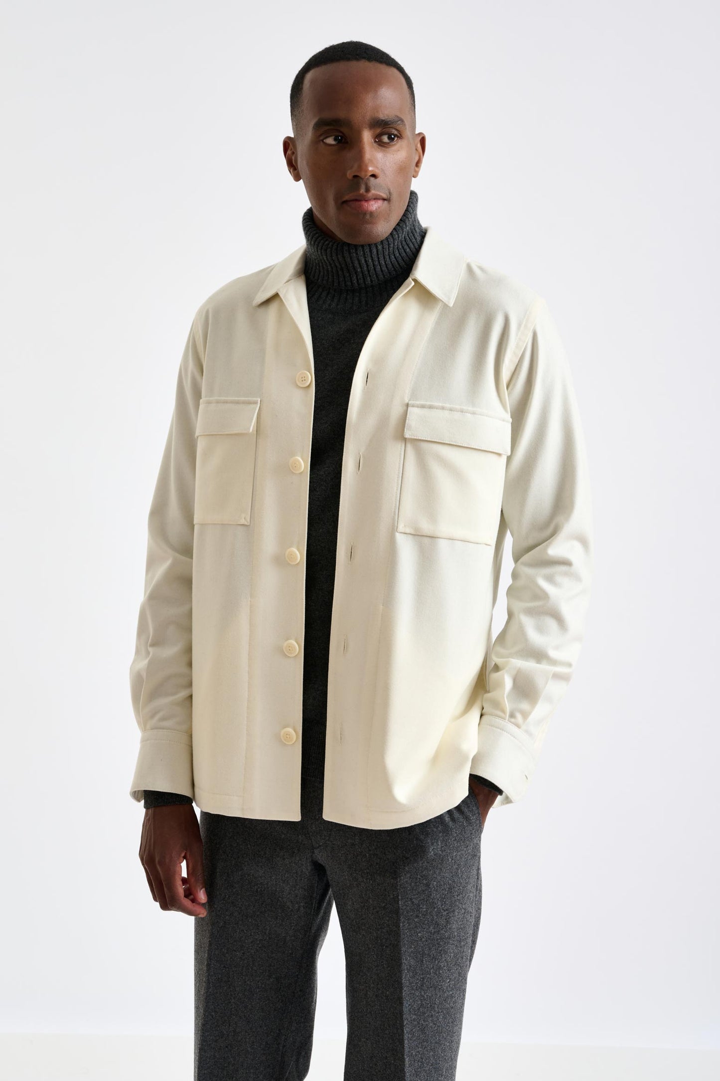 Off White Super 100's Wool Shirt Jacket Flannel Saxony - View 2