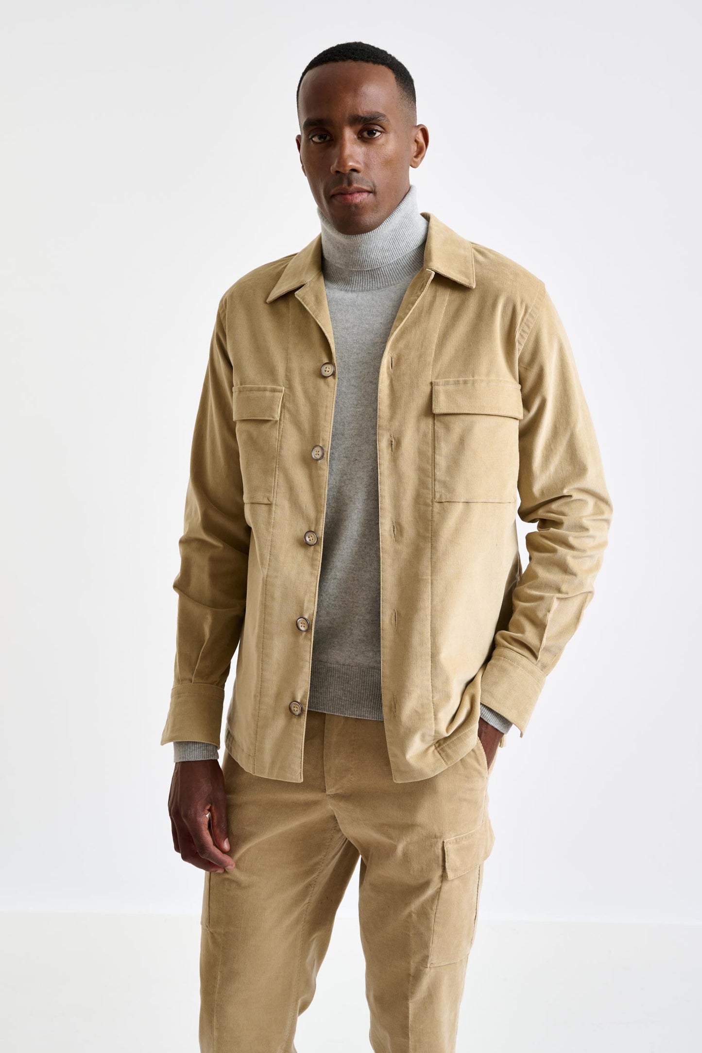 Beige Cotton Shirt Jacket Corduroy - View 2